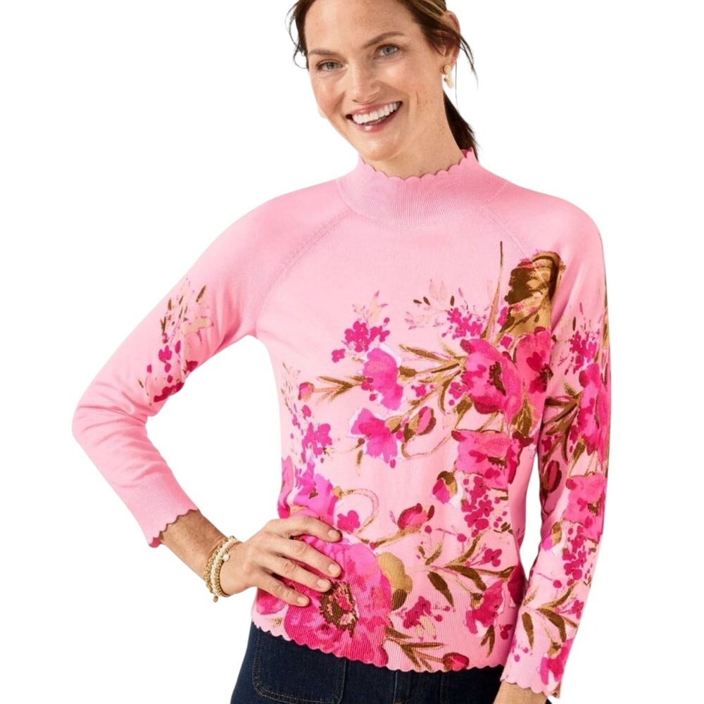 Talbots Petite Watercolor Pink Floral Scalloped Sweater MP Pullover Artsy